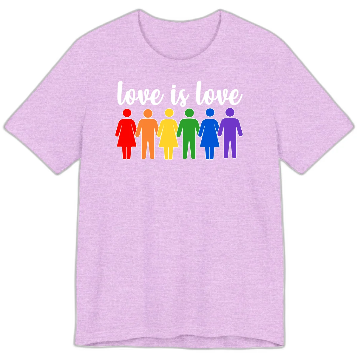 Six colorful figures holding hands in rainbow pride colors with 'love is love' text in Heather Prism Lilac