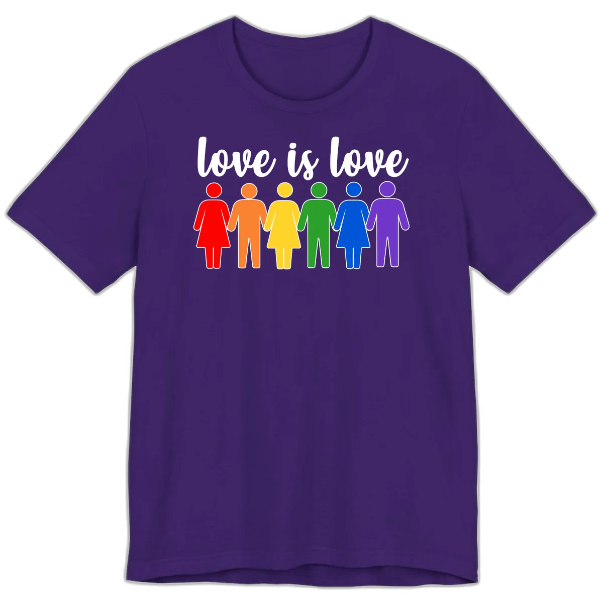 Six colorful figures holding hands in rainbow pride colors with 'love is love' text in Team Purple
