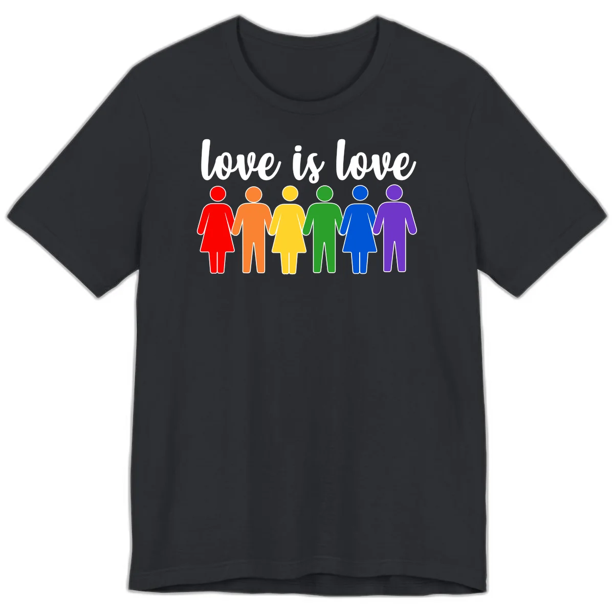 Six colorful figures holding hands in rainbow pride colors with 'love is love' text in Vintage Black