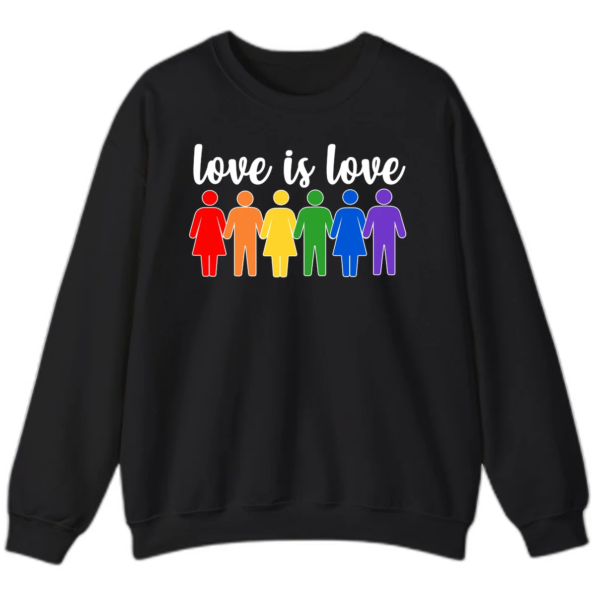 Six colorful figures holding hands in rainbow pride colors with 'love is love' text in Black