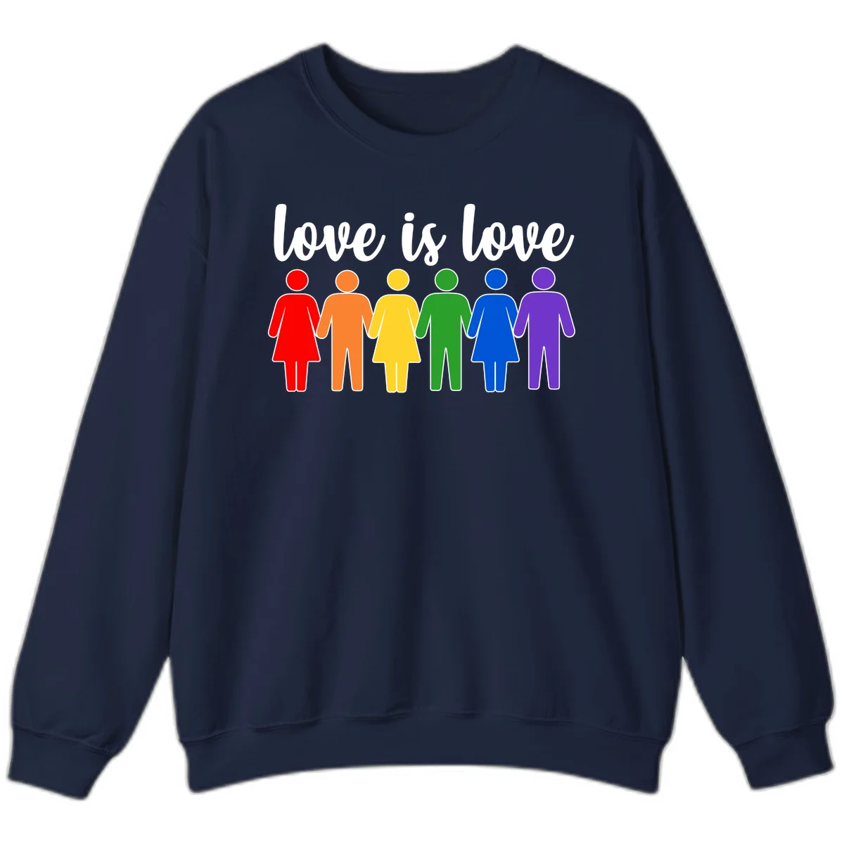 Six colorful figures holding hands in rainbow pride colors with 'love is love' text in Navy