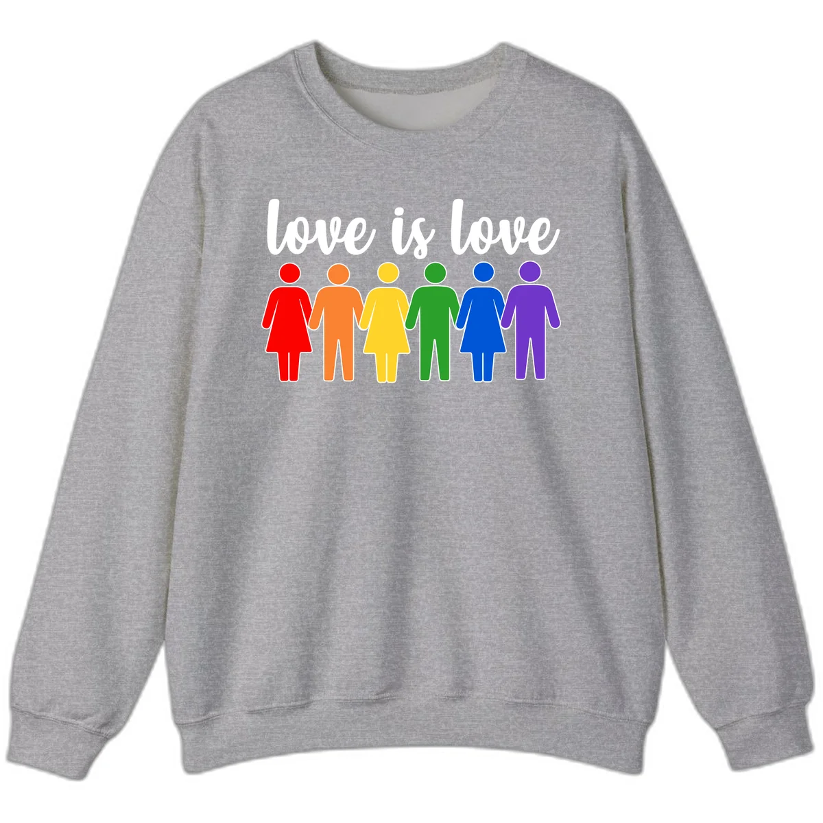 Six colorful figures holding hands in rainbow pride colors with 'love is love' text in Sport Grey