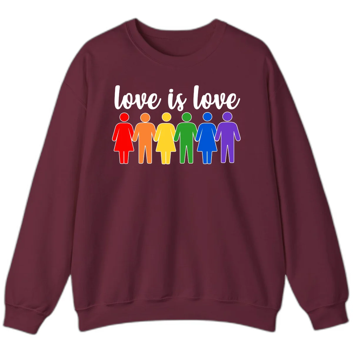 Six colorful figures holding hands in rainbow pride colors with 'love is love' text in Maroon