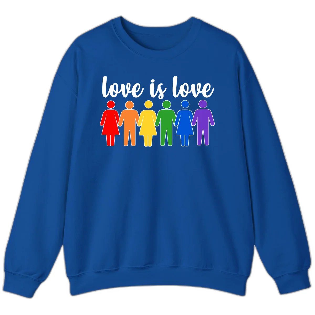 Six colorful figures holding hands in rainbow pride colors with 'love is love' text in Royal