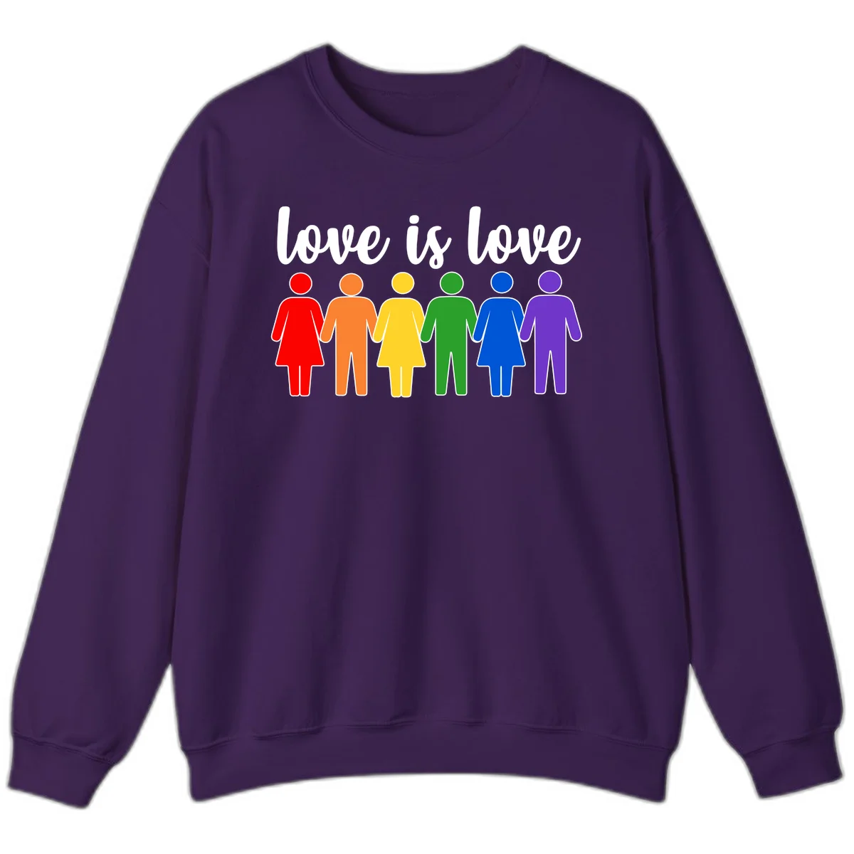 Six colorful figures holding hands in rainbow pride colors with 'love is love' text in Purple