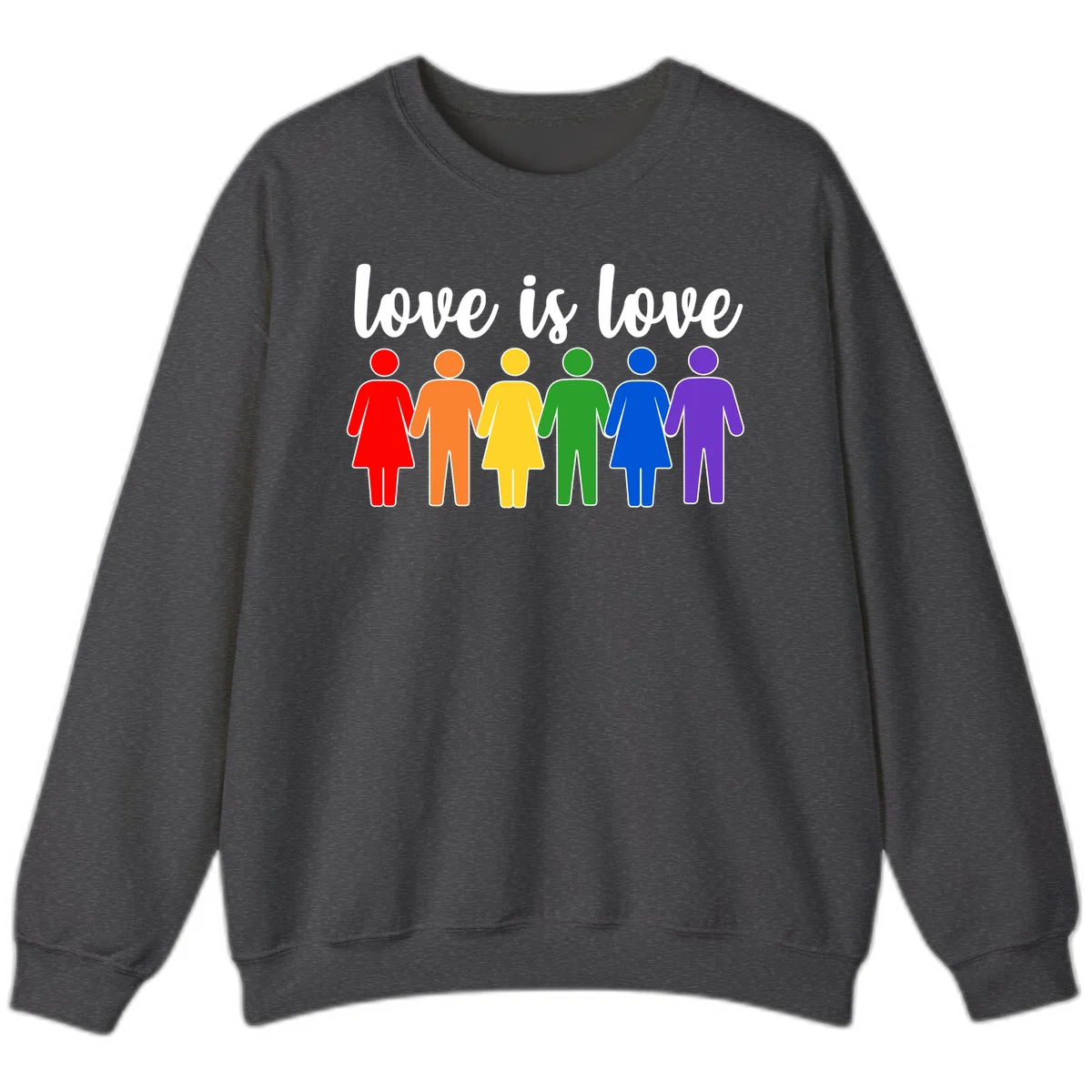 Six colorful figures holding hands in rainbow pride colors with 'love is love' text in Dark Heather