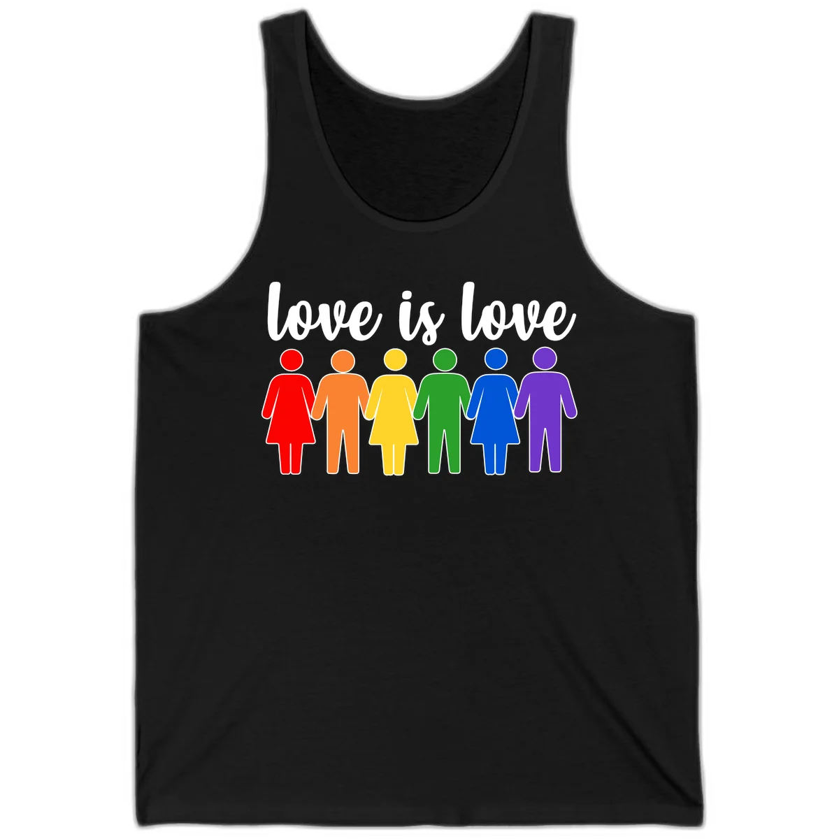 Six colorful figures holding hands in rainbow pride colors with 'love is love' text in Black