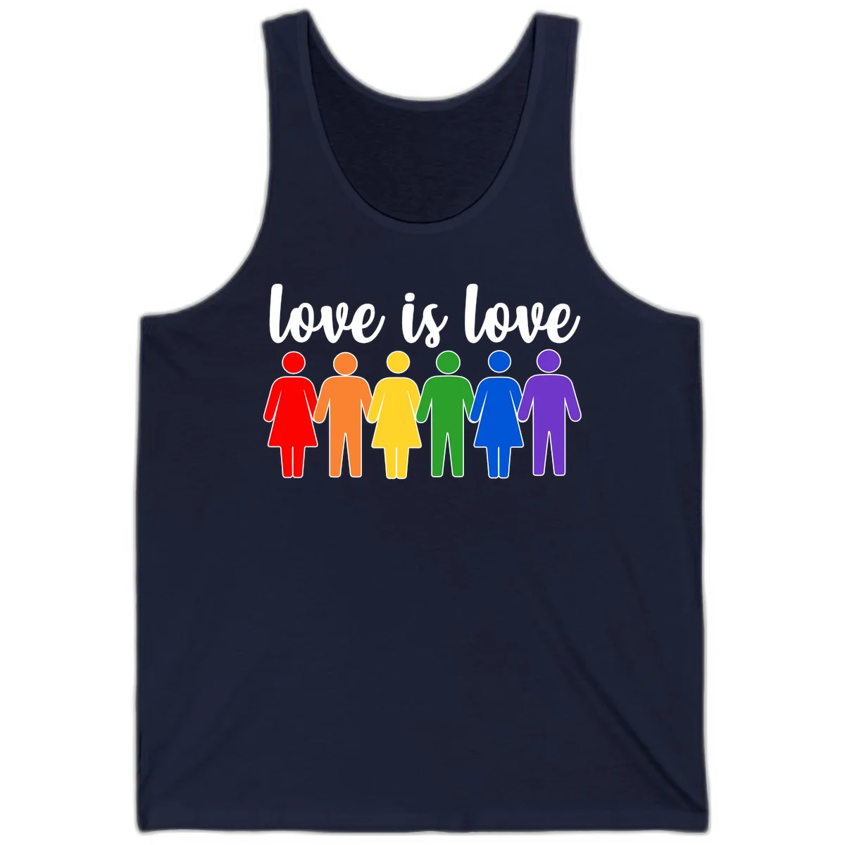 Six colorful figures holding hands in rainbow pride colors with 'love is love' text in Navy