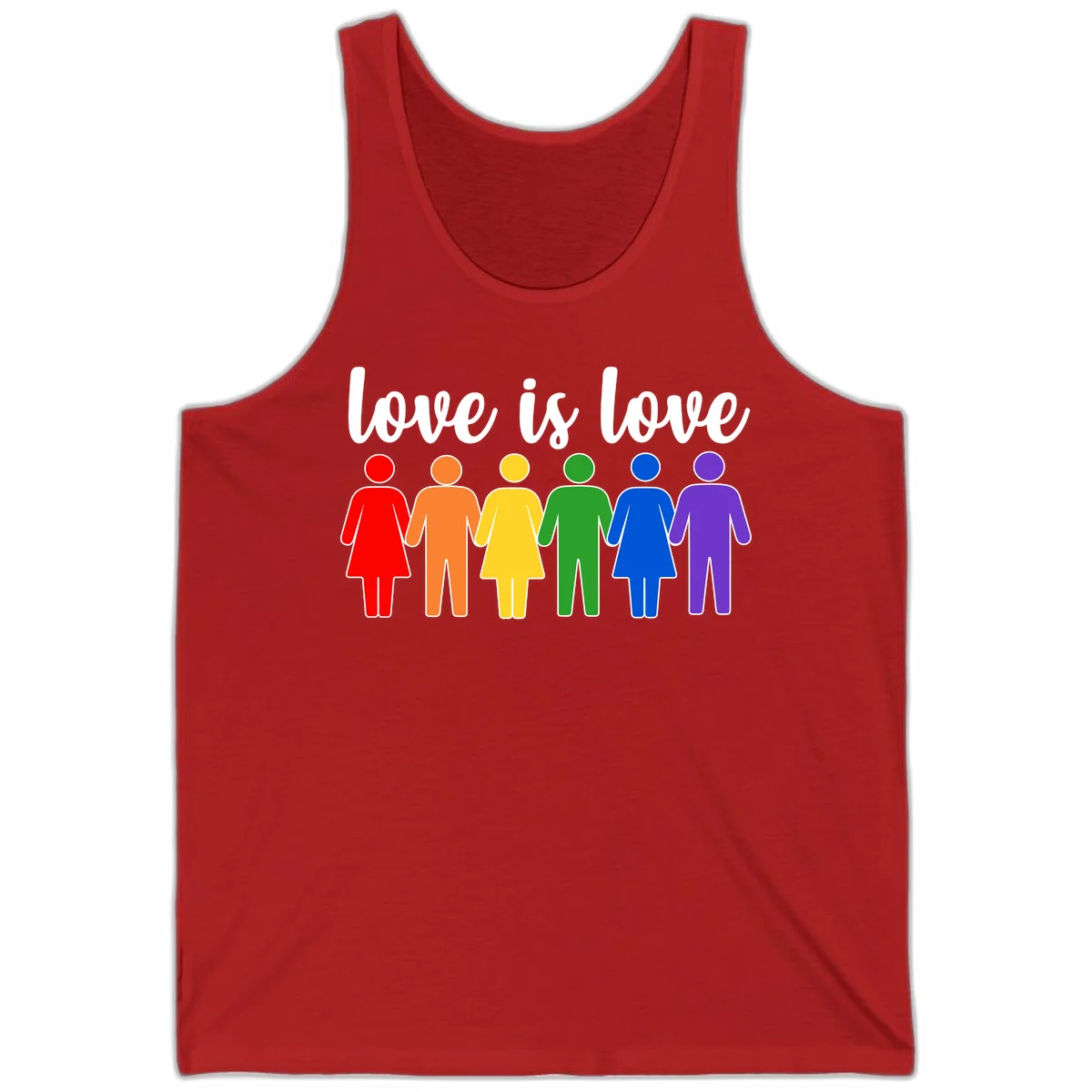 Six colorful figures holding hands in rainbow pride colors with 'love is love' text in Red