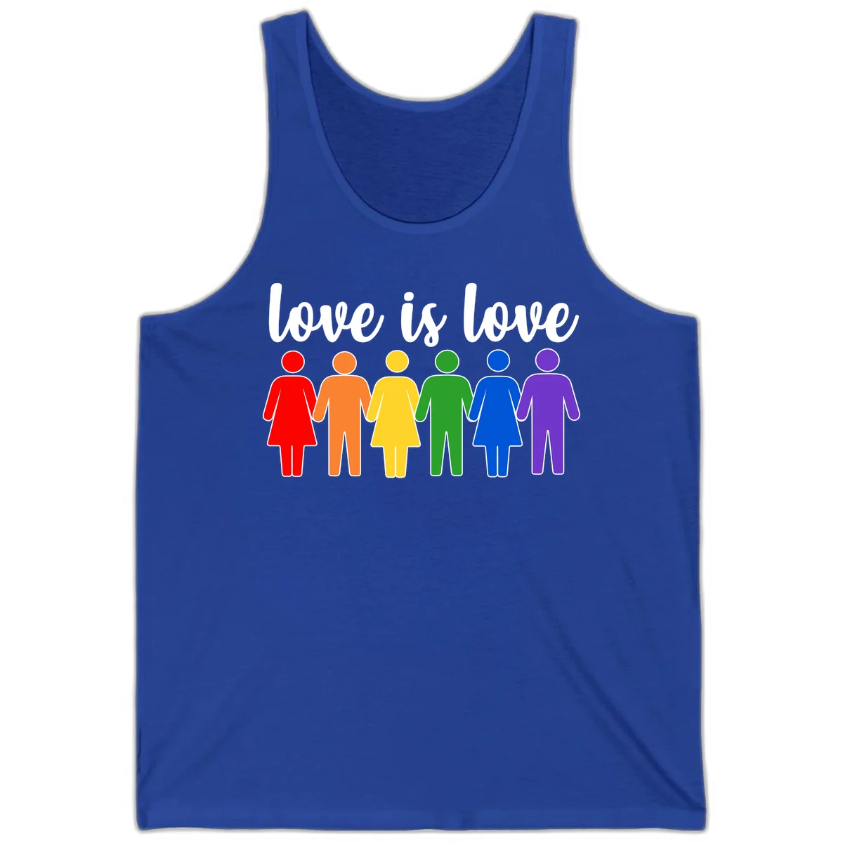 Six colorful figures holding hands in rainbow pride colors with 'love is love' text in True Royal