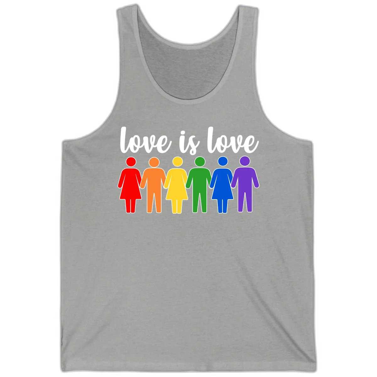 Six colorful figures holding hands in rainbow pride colors with 'love is love' text in Athletic Heather