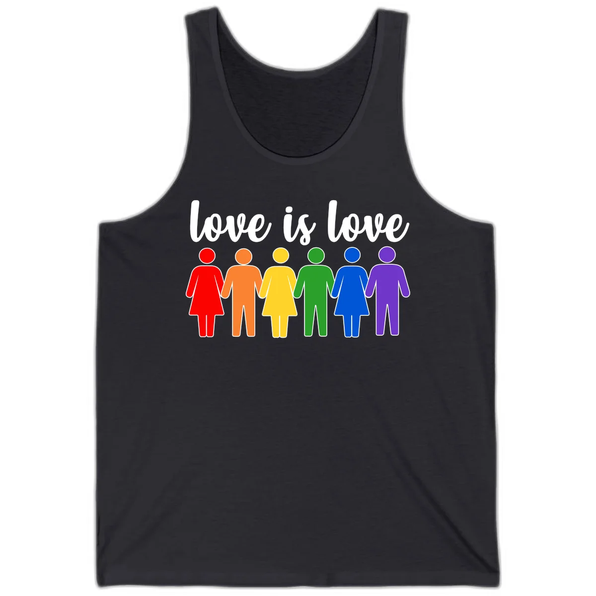 Six colorful figures holding hands in rainbow pride colors with 'love is love' text in Dark Grey