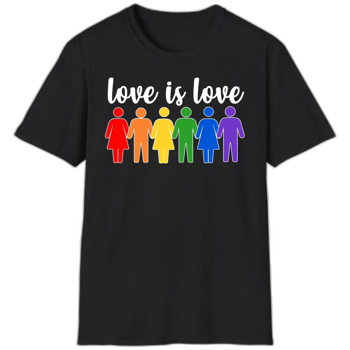 Six colorful figures holding hands in rainbow pride colors with 'love is love' text in Black