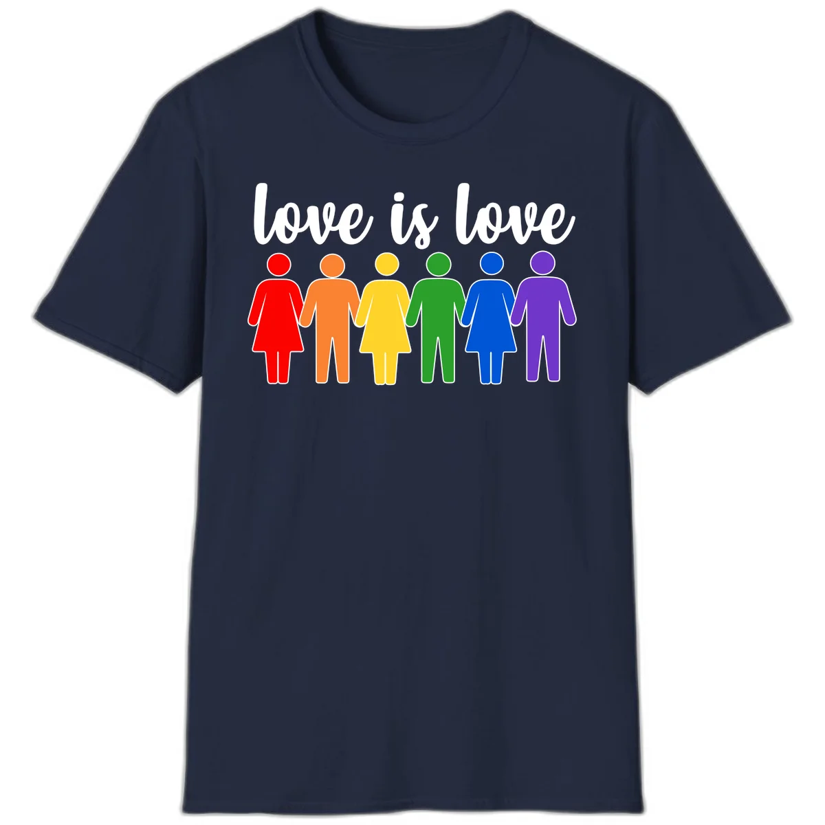 Six colorful figures holding hands in rainbow pride colors with 'love is love' text in Navy