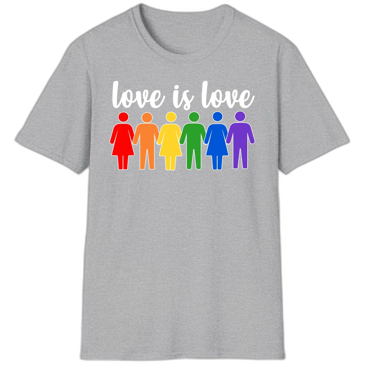 Six colorful figures holding hands in rainbow pride colors with 'love is love' text in Sport Grey