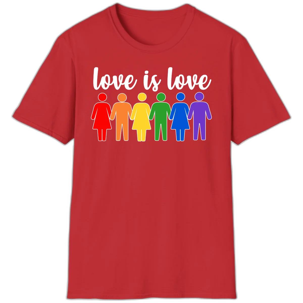 Six colorful figures holding hands in rainbow pride colors with 'love is love' text in Red