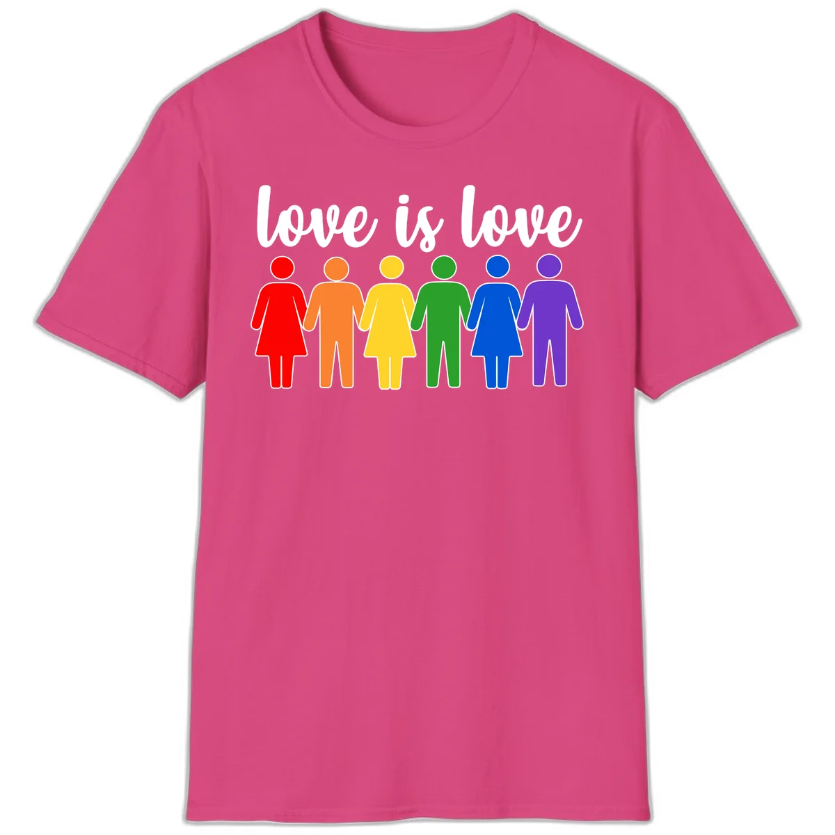 Six colorful figures holding hands in rainbow pride colors with 'love is love' text in Heliconia