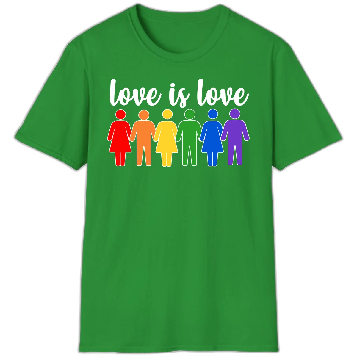 Six colorful figures holding hands in rainbow pride colors with 'love is love' text in Irish Green