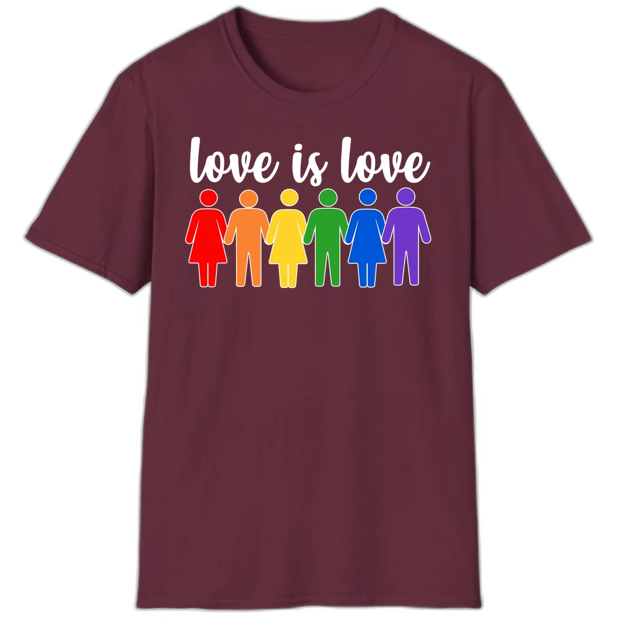 Six colorful figures holding hands in rainbow pride colors with 'love is love' text in Maroon