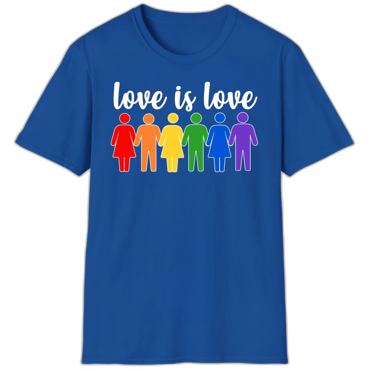 Six colorful figures holding hands in rainbow pride colors with 'love is love' text in Royal