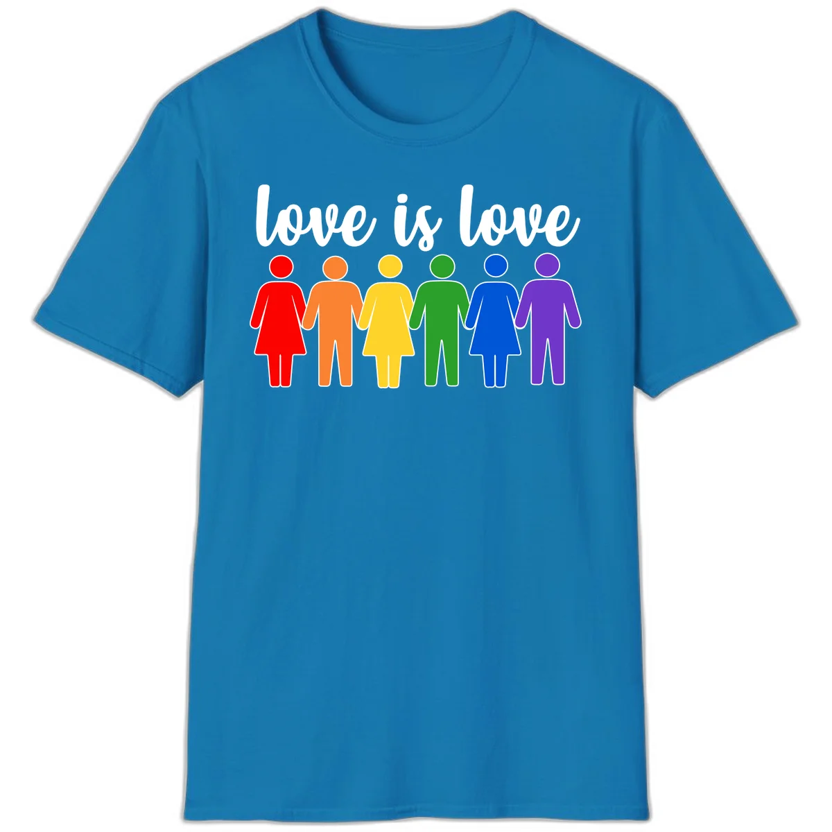 Six colorful figures holding hands in rainbow pride colors with 'love is love' text in Sapphire