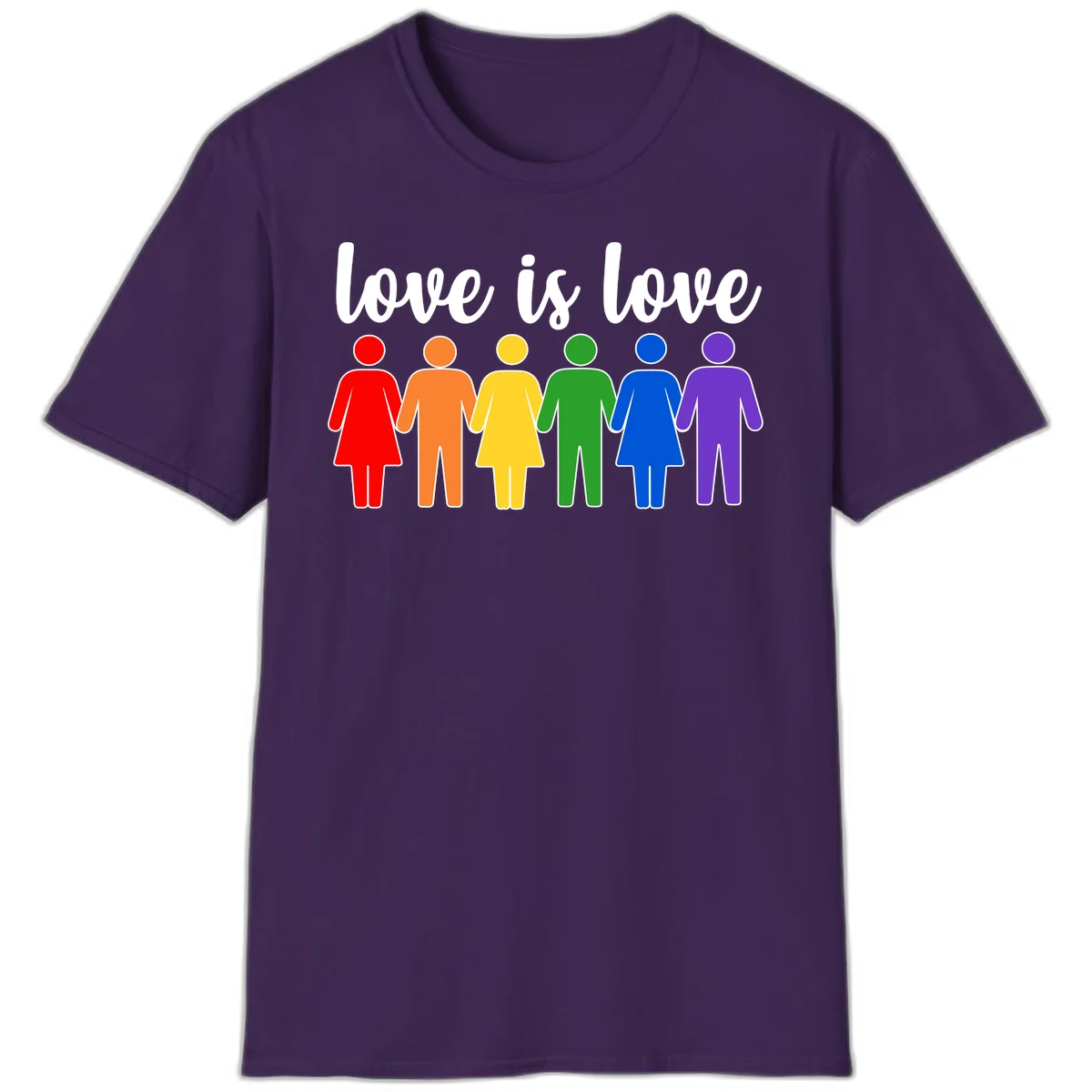 Six colorful figures holding hands in rainbow pride colors with 'love is love' text in Purple