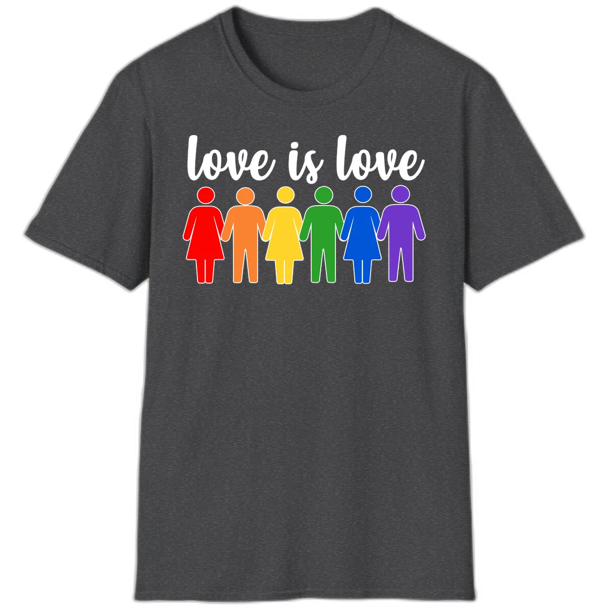 Six colorful figures holding hands in rainbow pride colors with 'love is love' text in Dark Heather