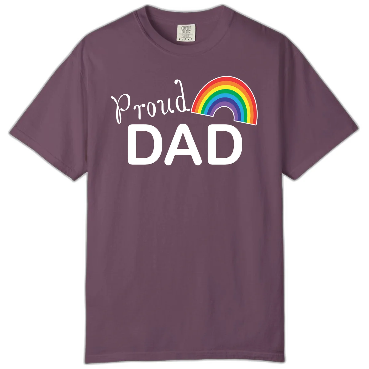 White text reading 'Proud DAD' with a colorful rainbow arc featuring red, orange, yellow, green, blue, and purple stripes on gray background in Berry