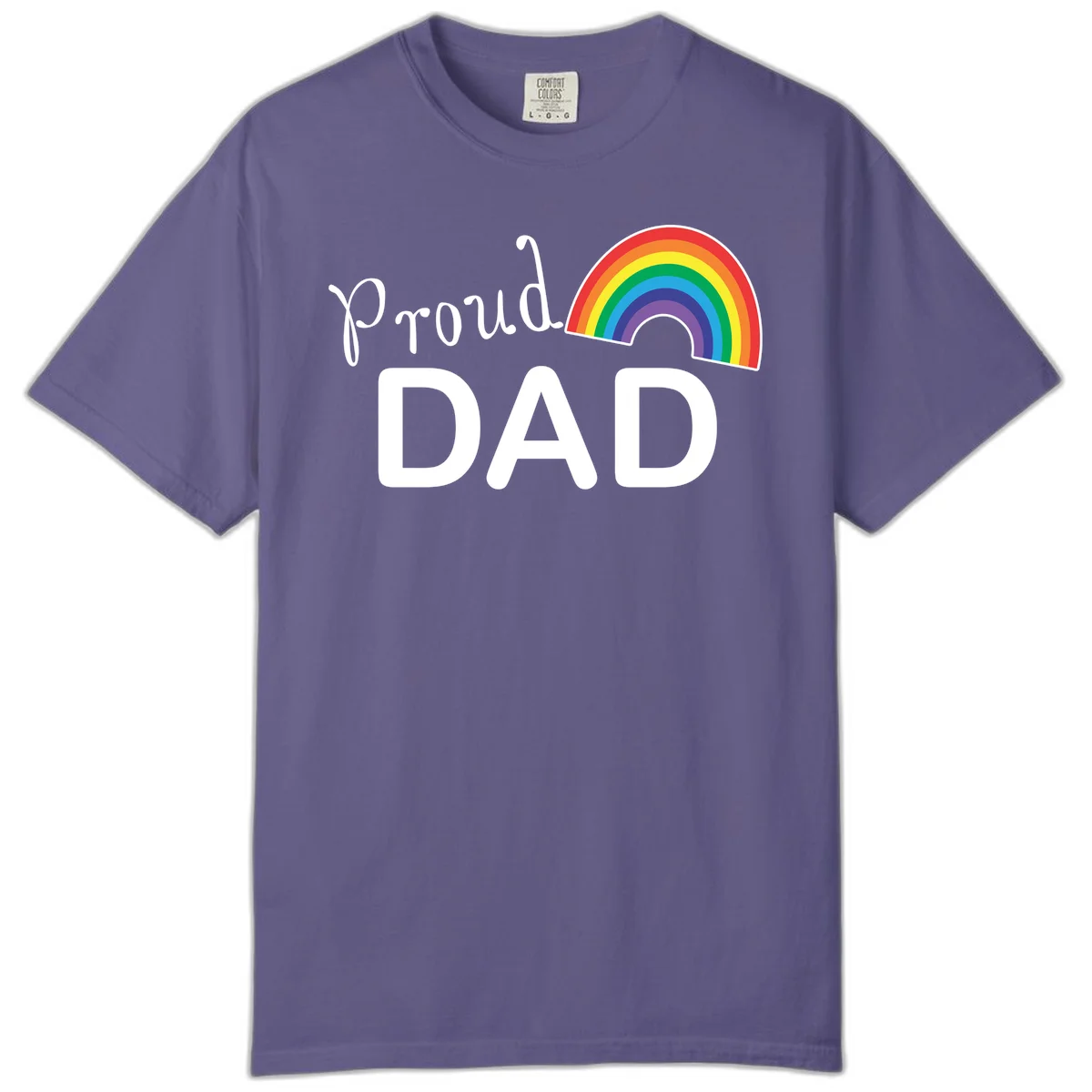 White text reading 'Proud DAD' with a colorful rainbow arc featuring red, orange, yellow, green, blue, and purple stripes on gray background in Grape