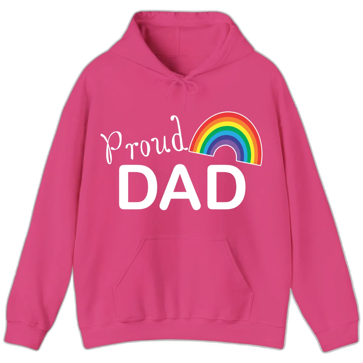 White text reading 'Proud DAD' with a colorful rainbow arc featuring red, orange, yellow, green, blue, and purple stripes on gray background in Heliconia