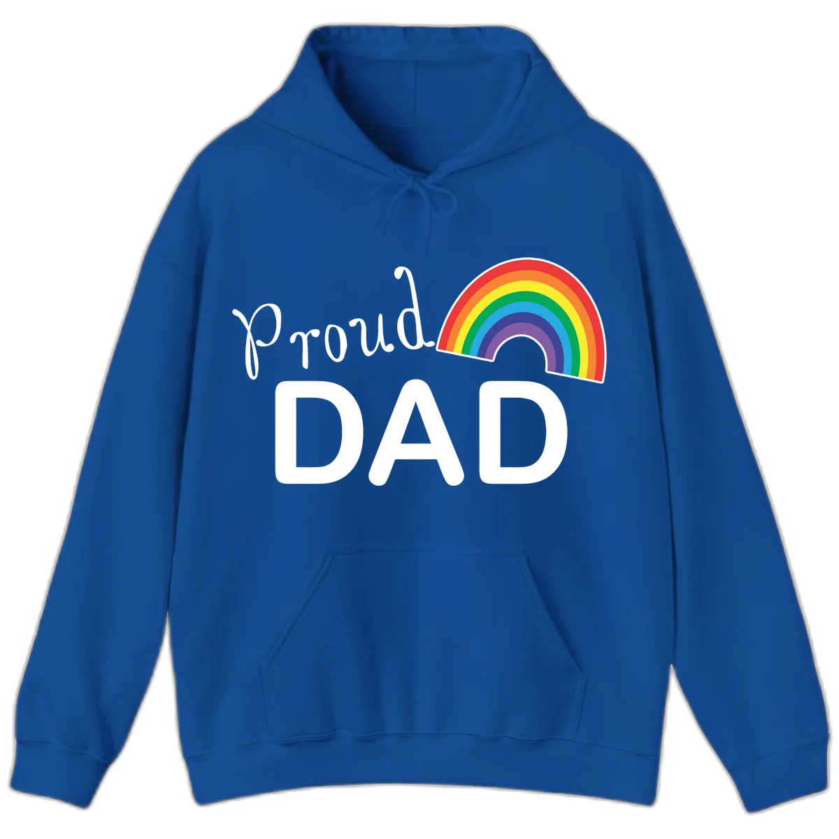 White text reading 'Proud DAD' with a colorful rainbow arc featuring red, orange, yellow, green, blue, and purple stripes on gray background in Royal