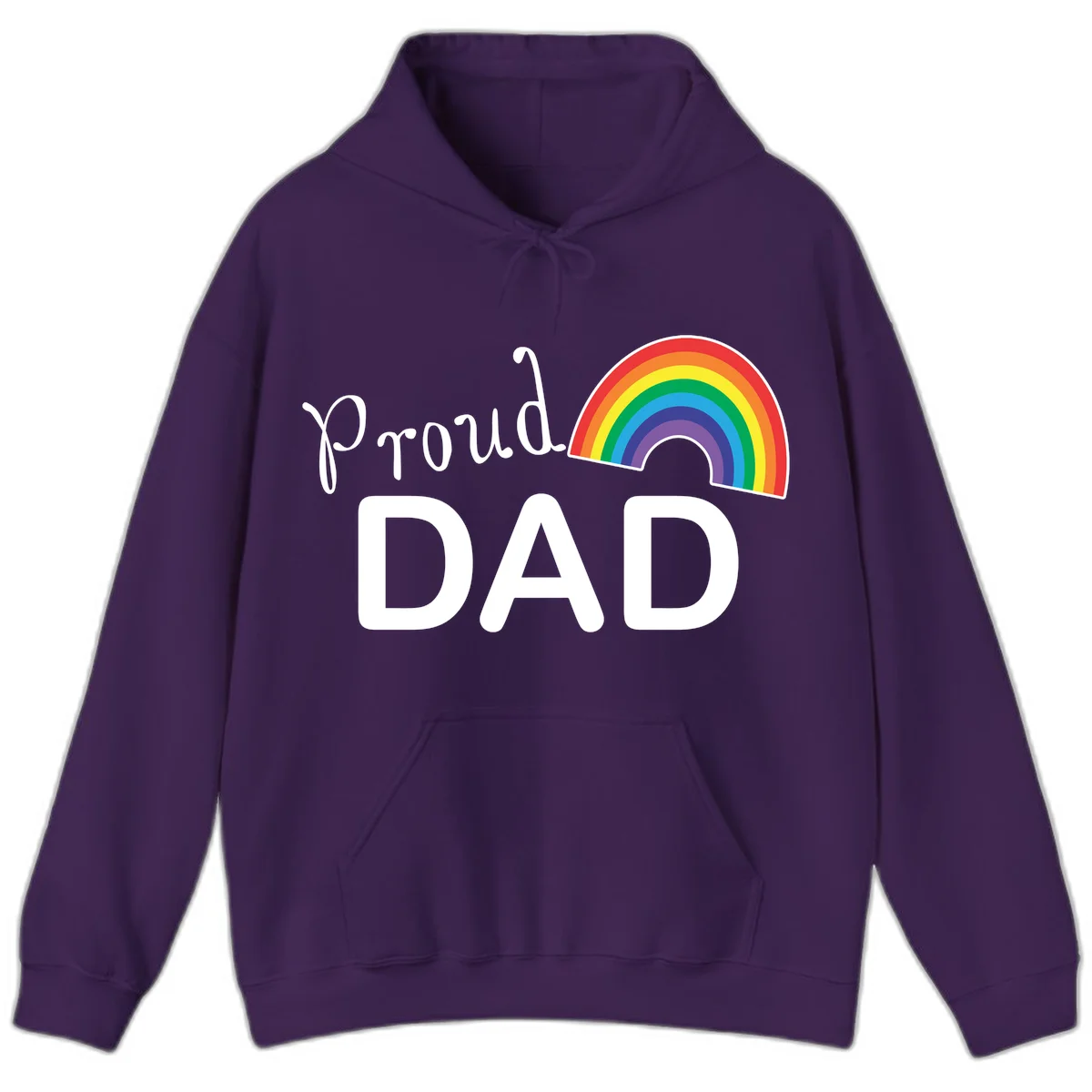 White text reading 'Proud DAD' with a colorful rainbow arc featuring red, orange, yellow, green, blue, and purple stripes on gray background in Purple