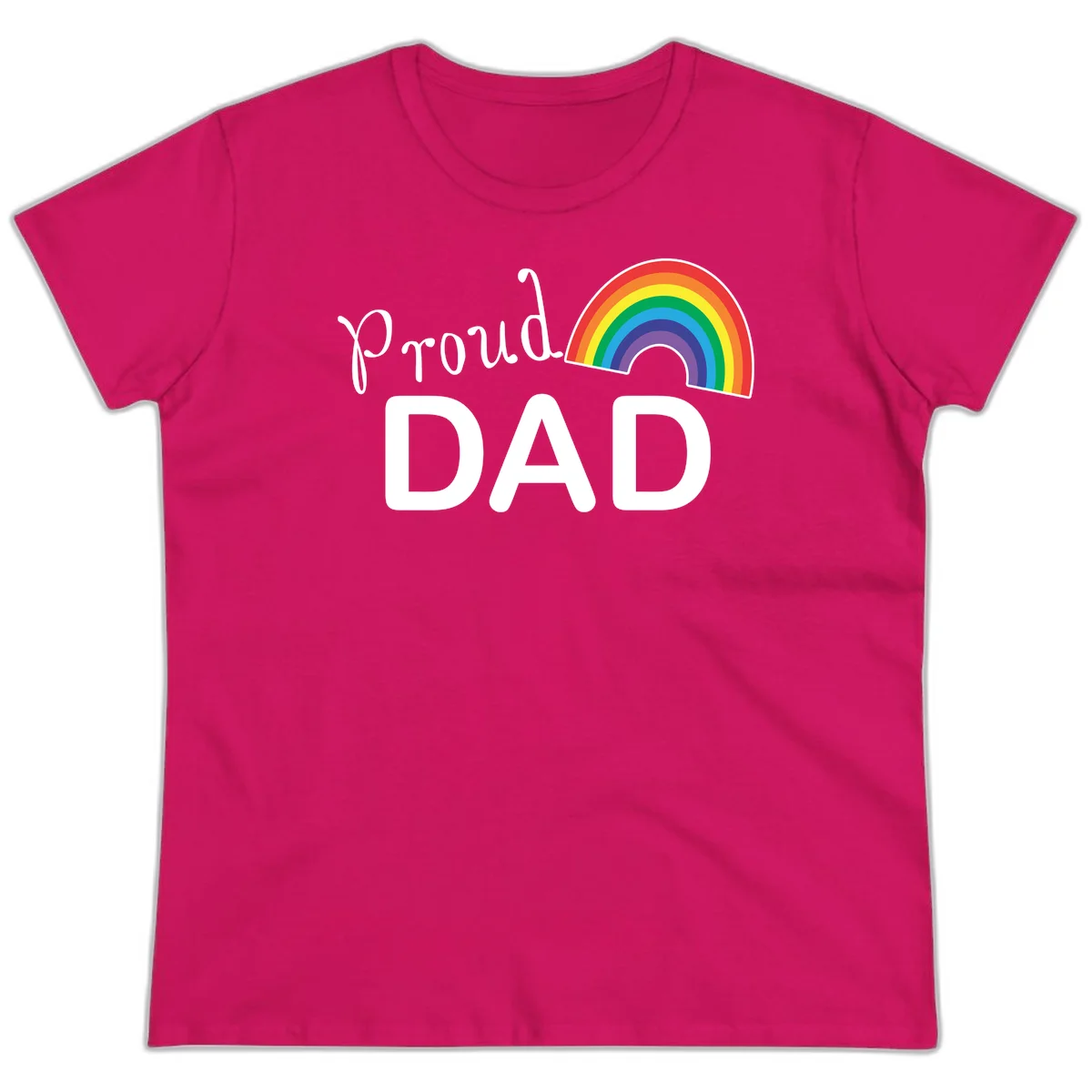 White text reading 'Proud DAD' with a colorful rainbow arc featuring red, orange, yellow, green, blue, and purple stripes on gray background in Heliconia