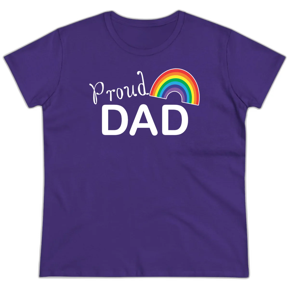 White text reading 'Proud DAD' with a colorful rainbow arc featuring red, orange, yellow, green, blue, and purple stripes on gray background in Purple