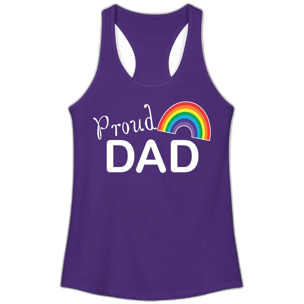 White text reading 'Proud DAD' with a colorful rainbow arc featuring red, orange, yellow, green, blue, and purple stripes on gray background in Solid Purple Rush