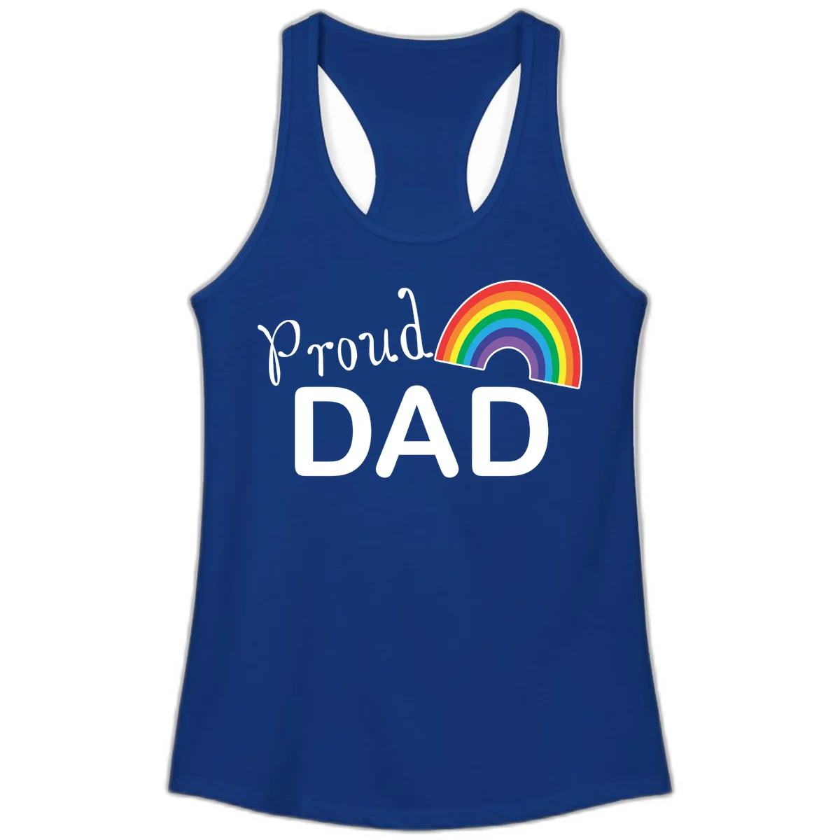 White text reading 'Proud DAD' with a colorful rainbow arc featuring red, orange, yellow, green, blue, and purple stripes on gray background in Solid Royal