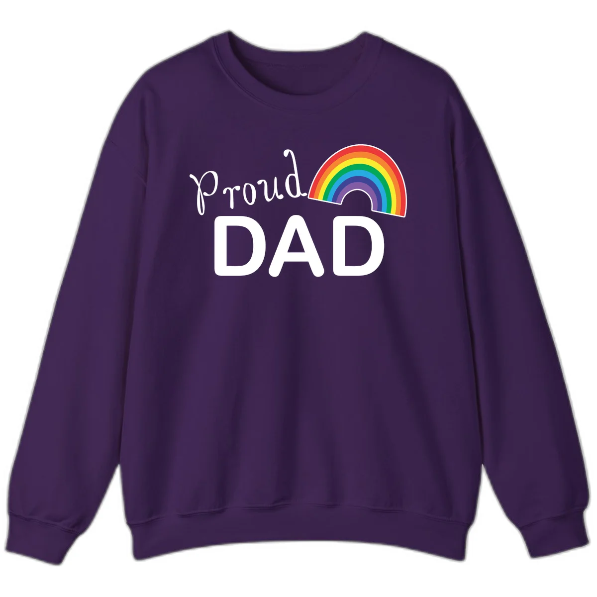 White text reading 'Proud DAD' with a colorful rainbow arc featuring red, orange, yellow, green, blue, and purple stripes on gray background in Purple
