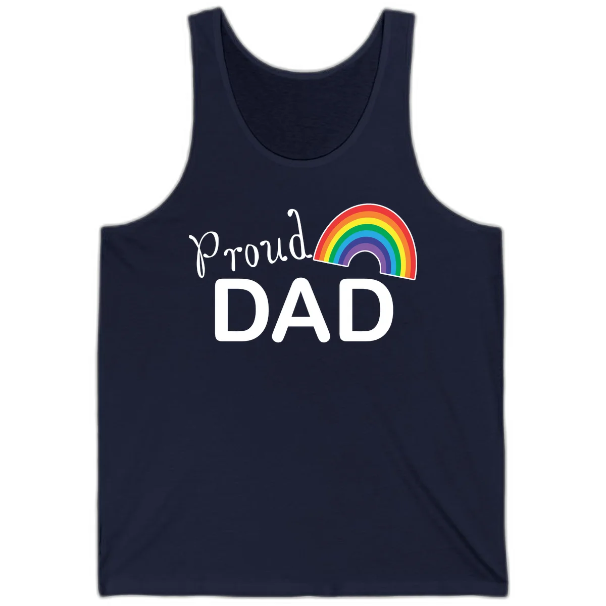 White text reading 'Proud DAD' with a colorful rainbow arc featuring red, orange, yellow, green, blue, and purple stripes on gray background in Navy