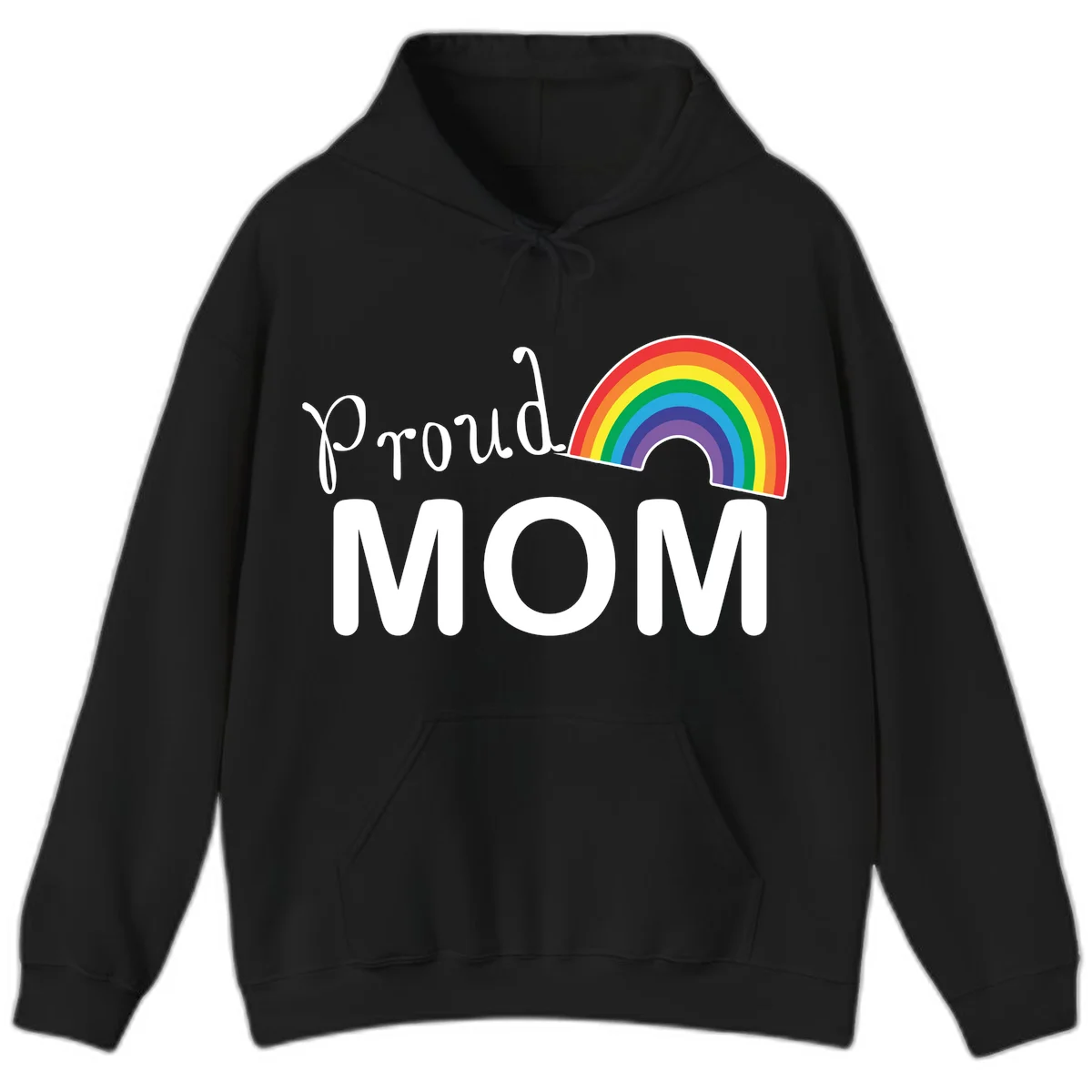 Proud Mom design with white text and vibrant rainbow arc on gray background in Black