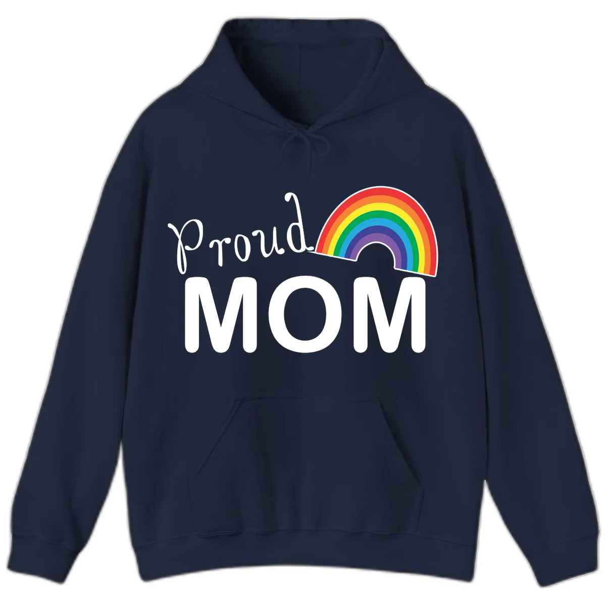 Proud Mom design with white text and vibrant rainbow arc on gray background in Navy