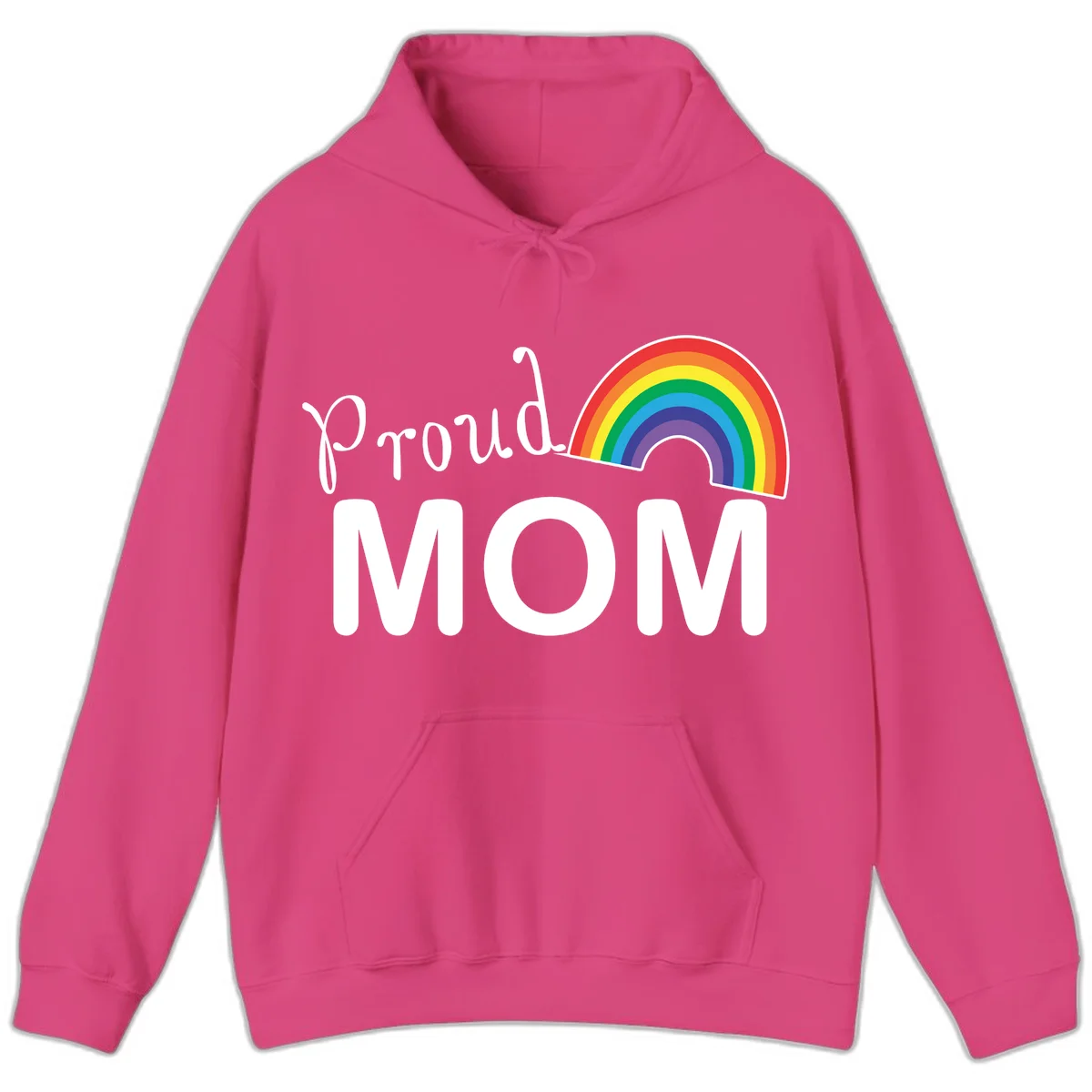 Proud Mom design with white text and vibrant rainbow arc on gray background in Heliconia