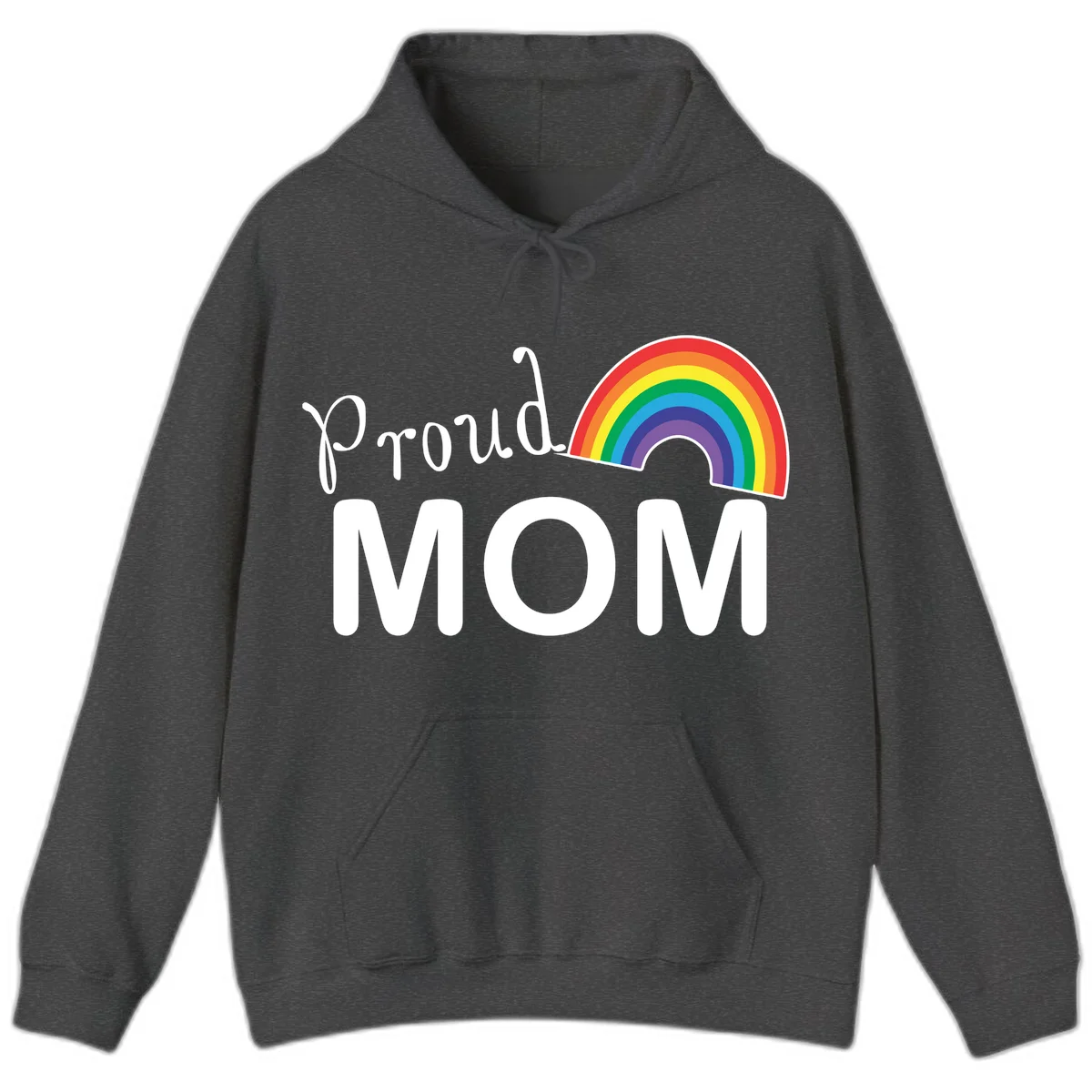 Proud Mom design with white text and vibrant rainbow arc on gray background in Dark Heather