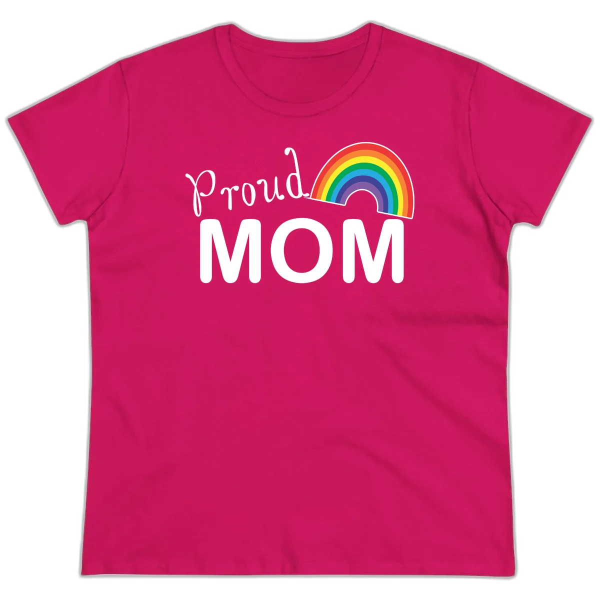 Proud Mom design with white text and vibrant rainbow arc on gray background in Heliconia