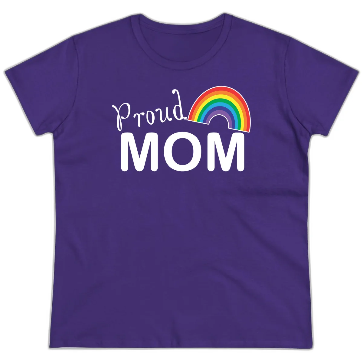 Proud Mom design with white text and vibrant rainbow arc on gray background in Purple