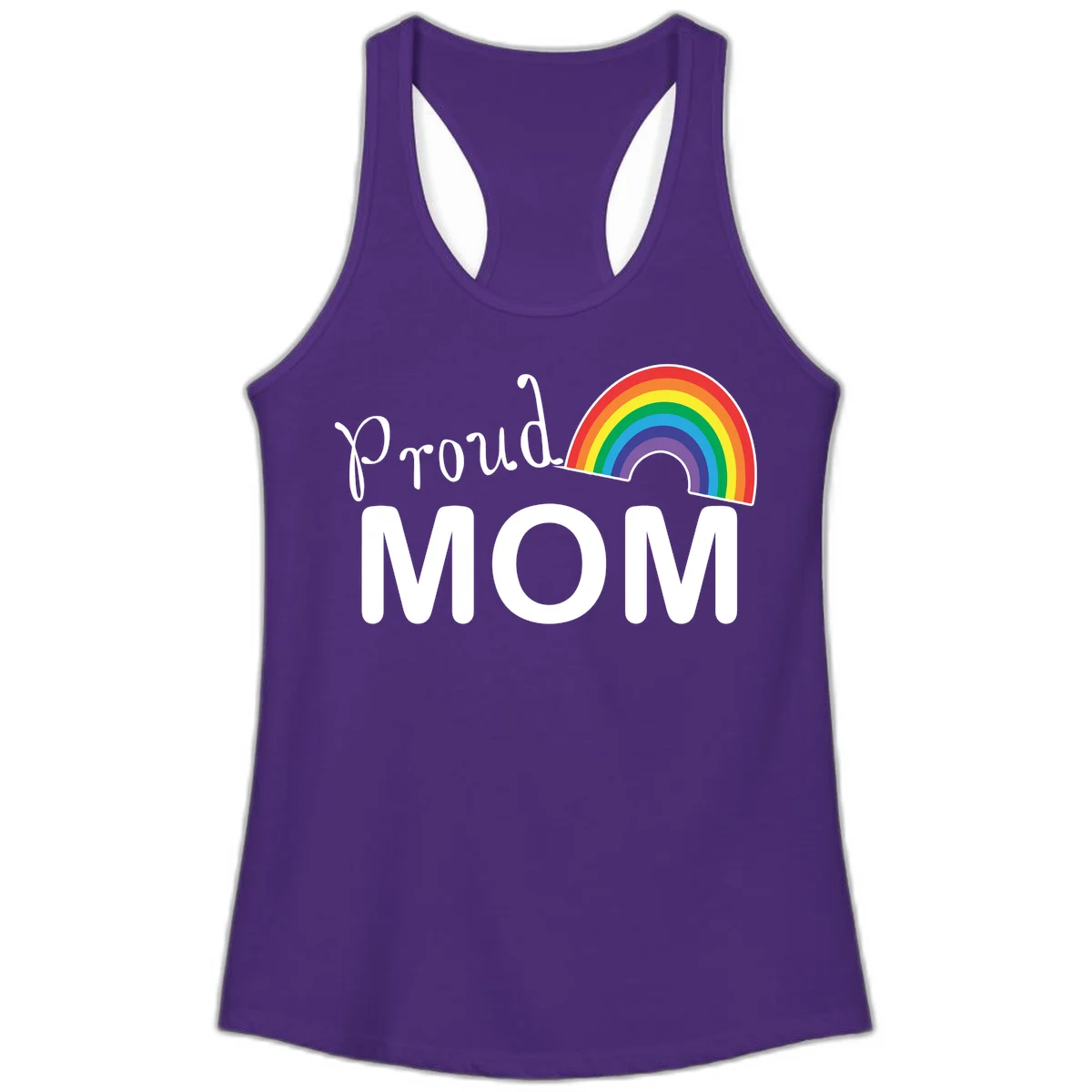 Proud Mom design with white text and vibrant rainbow arc on gray background in Solid Purple Rush