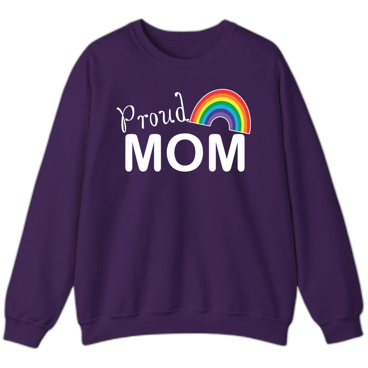 Proud Mom design with white text and vibrant rainbow arc on gray background in Purple