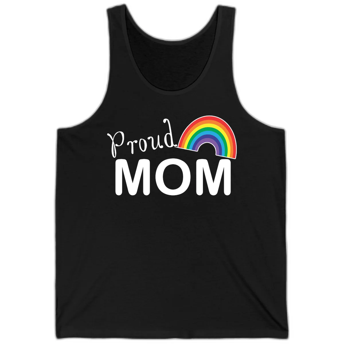 Proud Mom design with white text and vibrant rainbow arc on gray background in Black