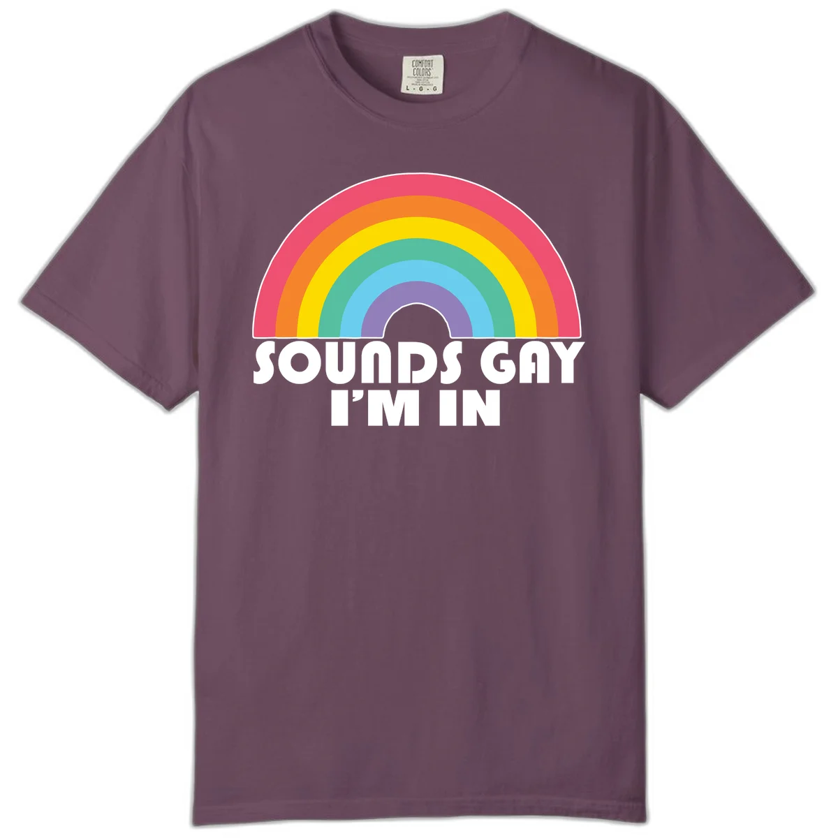 Colorful concentric rainbow arc above white text reading 'Sounds Gay I'm In' on gray background in Berry