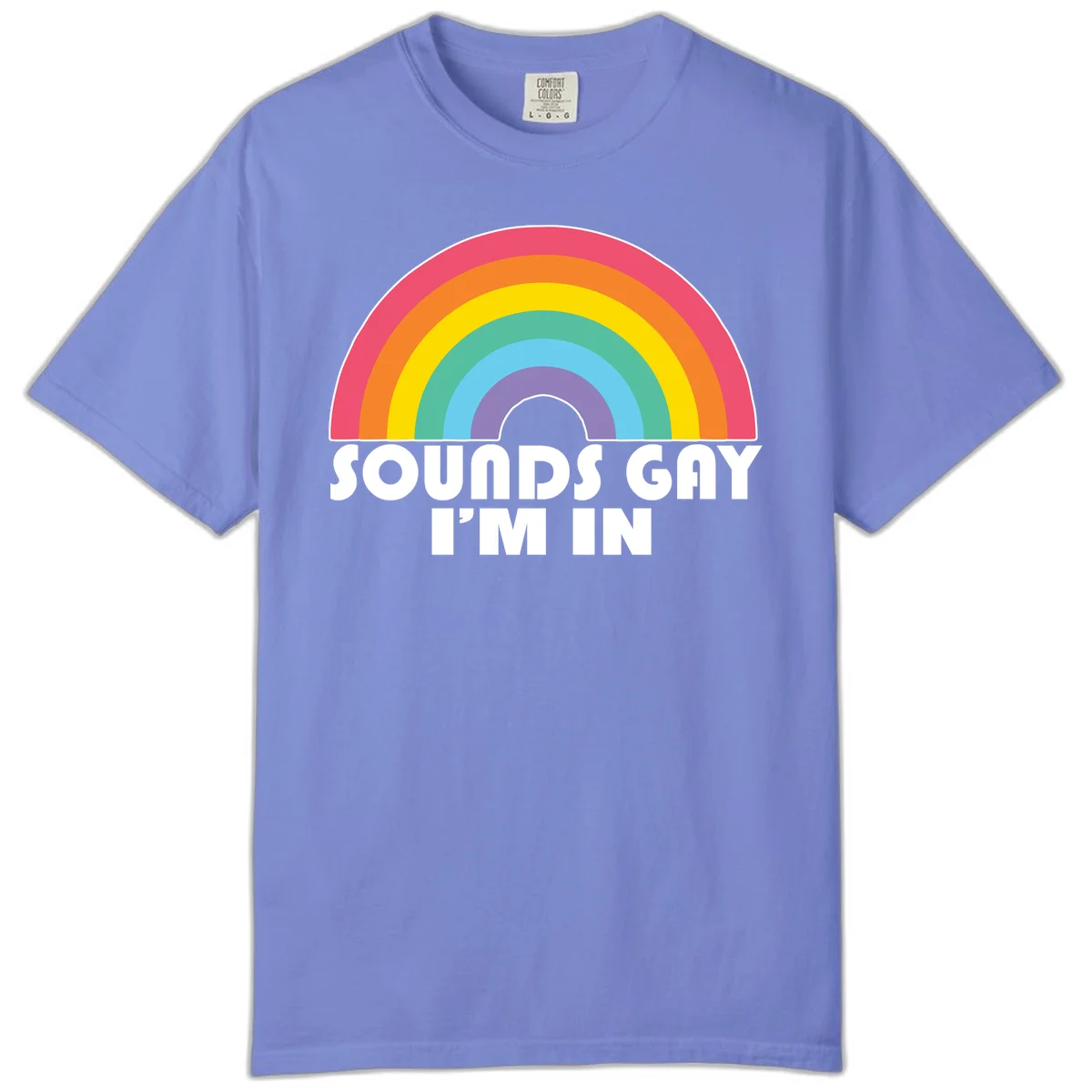 Colorful concentric rainbow arc above white text reading 'Sounds Gay I'm In' on gray background in Flo Blue