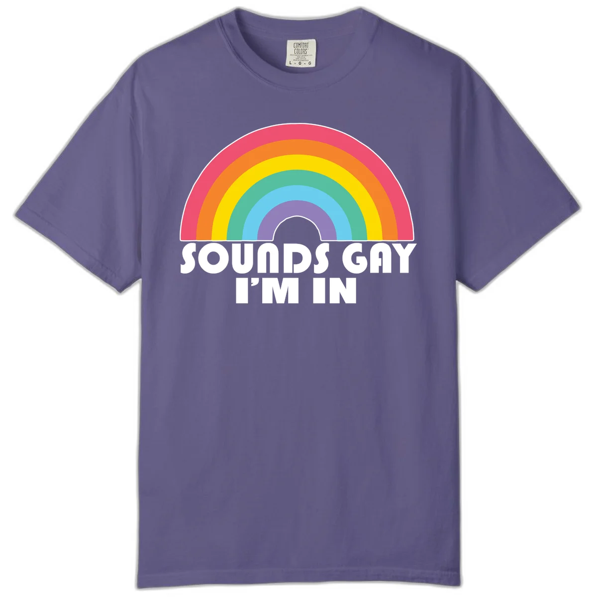 Colorful concentric rainbow arc above white text reading 'Sounds Gay I'm In' on gray background in Grape